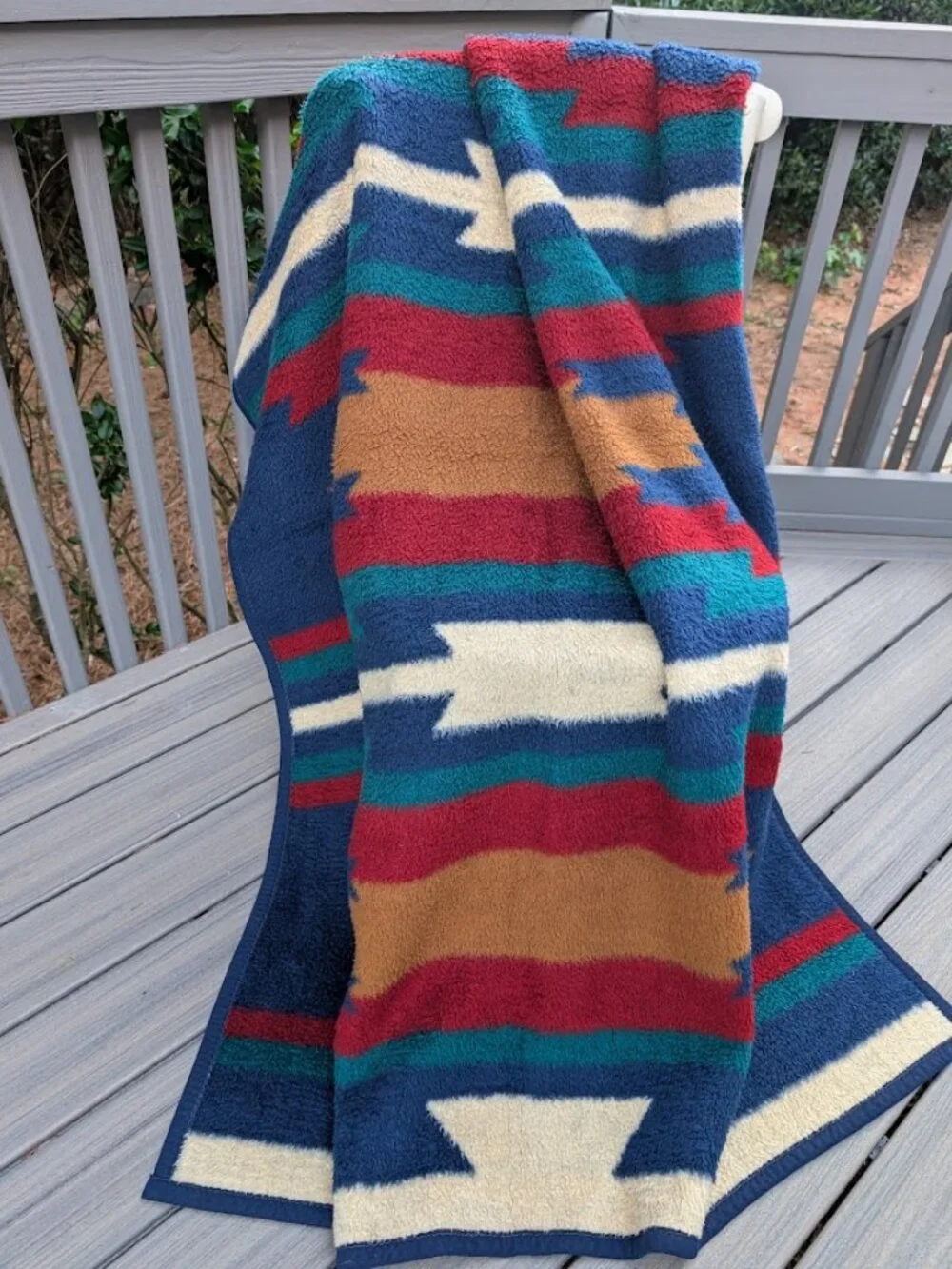 Biederlack Blanket Aztec Southwest Plush Blue Red Green Reversible Vintage